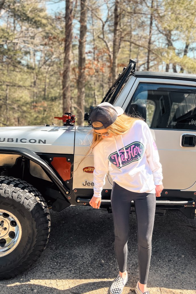 Jeep TJ with very cool white JeepHer Hoodie